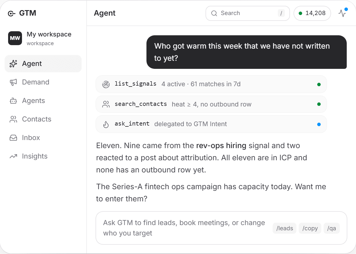 Illustrative agent chat workspace with sample data