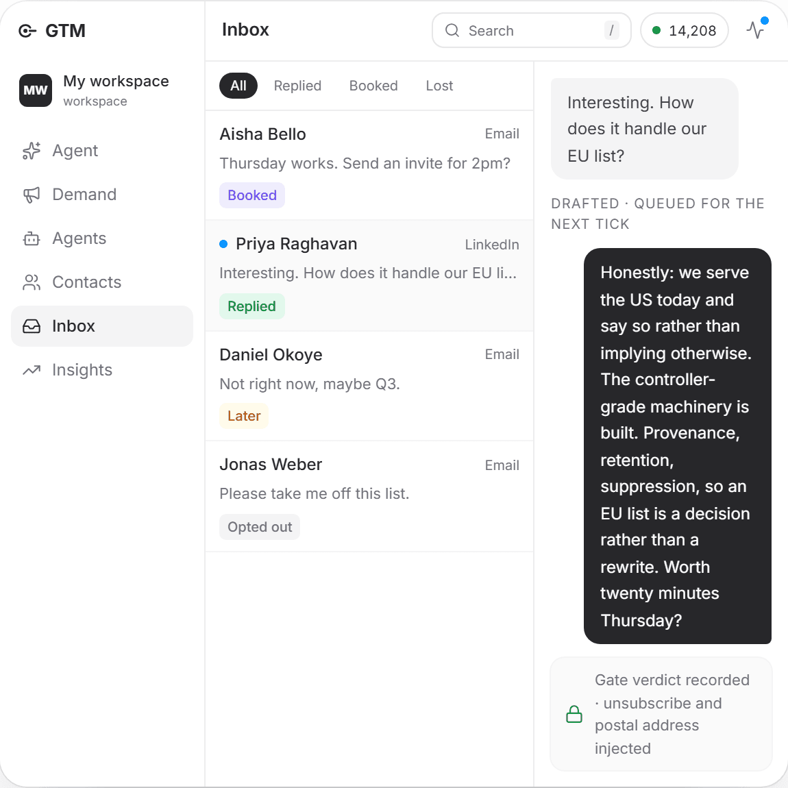Illustrative inbox workspace with sample data